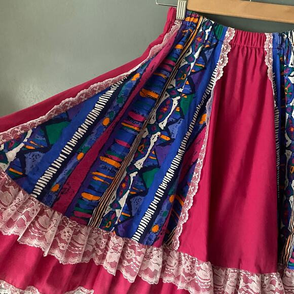 PITCHFORK BRAND Vintage 70's Womens M Prairie Skirt Vibrant Pink Lace Abstract - Picture 8 of 9